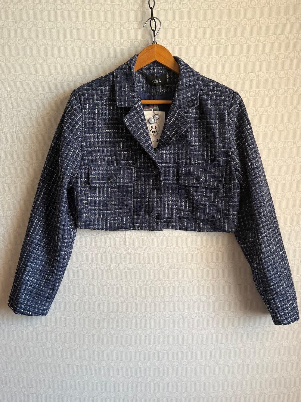 Cider Tweed Cropped Blazer Navy Plaid Women's Size L NWT